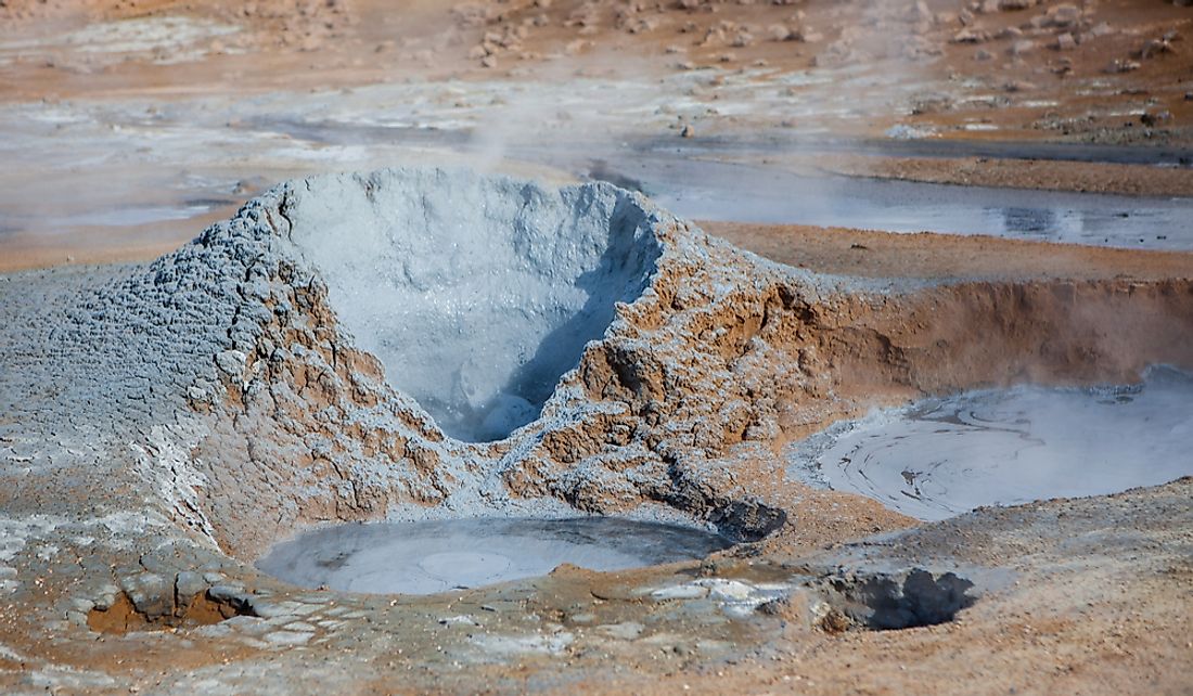 Mudpots in the Hverir geothermal region in Iceland.