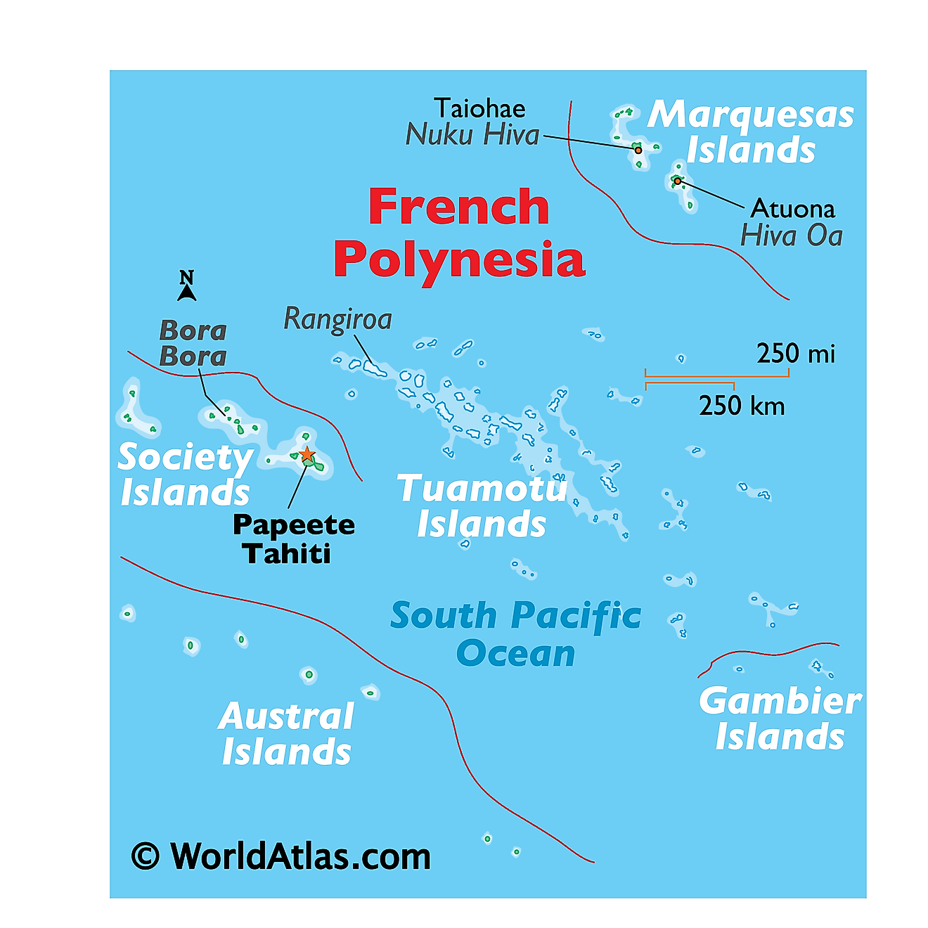 Mapa físico de la Polinesia Francesa que muestra los principales grupos de islas.