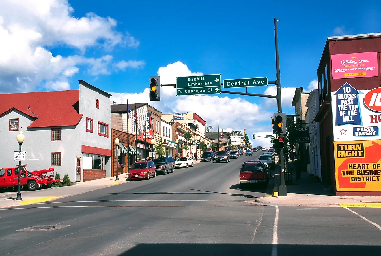 Vibrant buildings along Main Street in Ely, Minnesota. Image credit Malachi Jacobs via Shutterstock