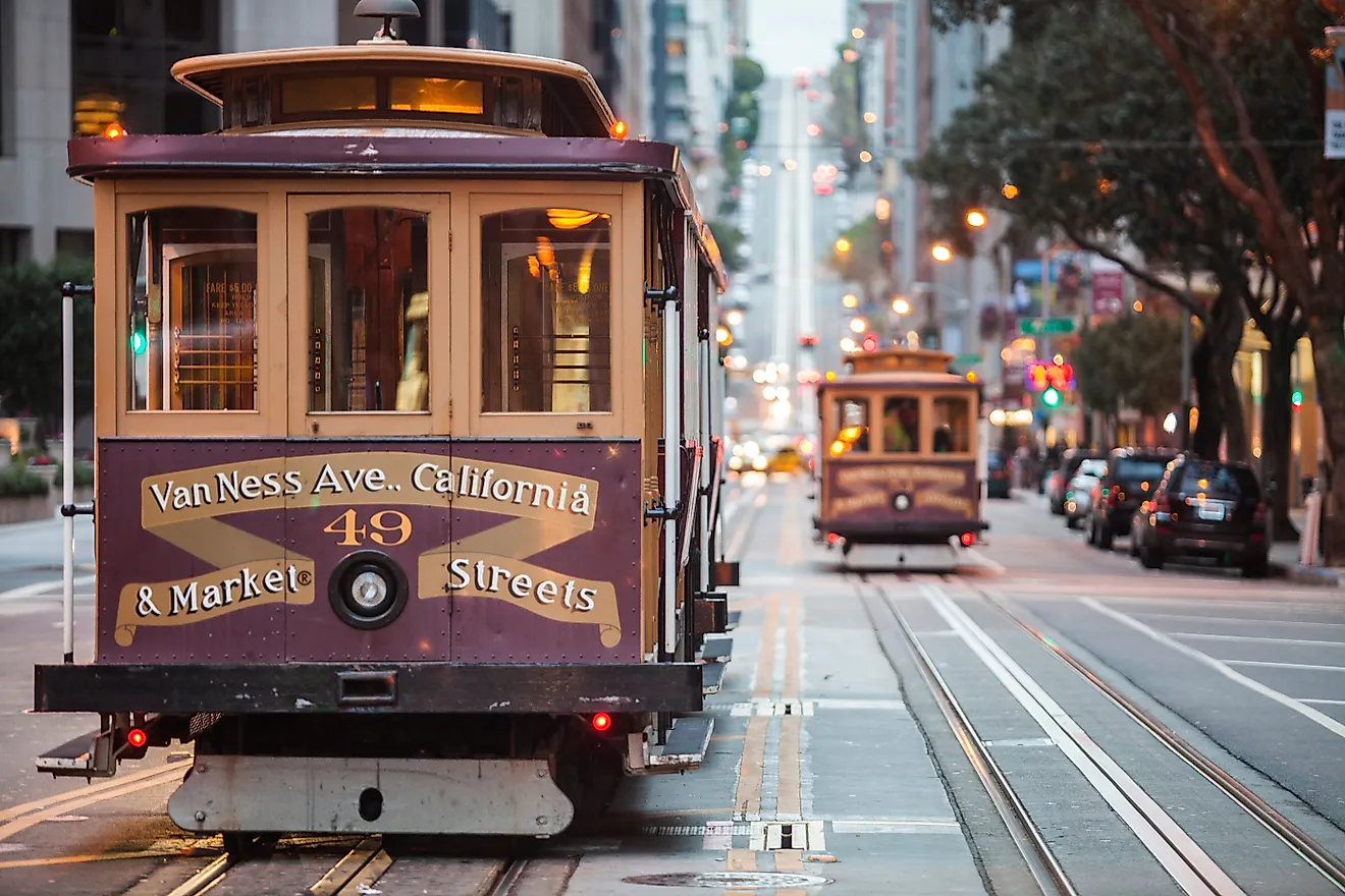 A cable car travels California, Van Ness and Market Streets. Via Shutterstock / Connect Images-Curated