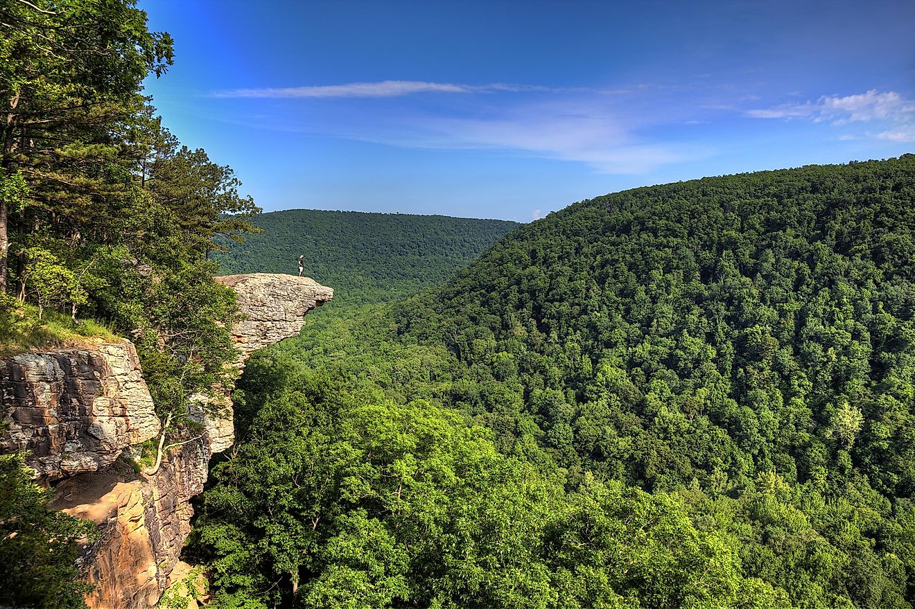 Hiker on the famous Hawksbill Crag in Arkansas.