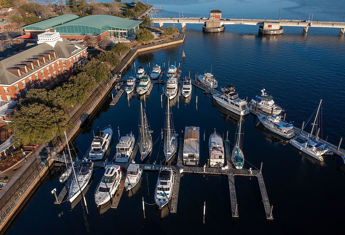 Aerial view of yachts docked at a marina near downtown New Bern, North Carolina.