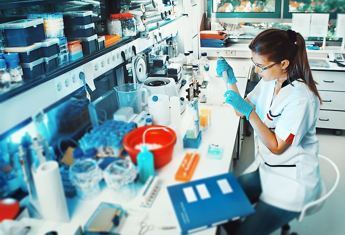 Researcher at work in a biotechnology laboratory.