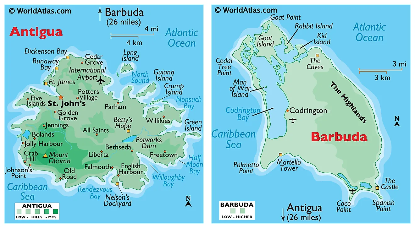 Physical map of Antigua showing the relief, major settlements, islands, bays and sounds, and more.