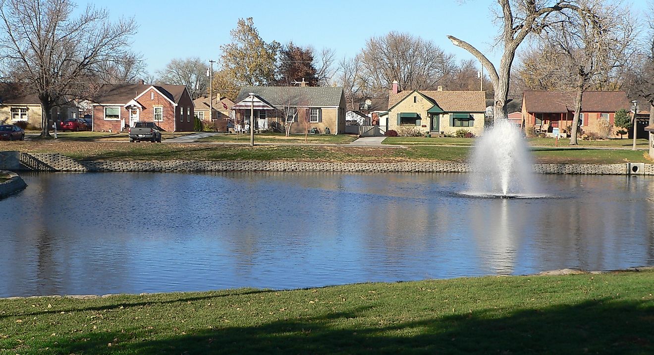 Heartwell Park, Hastings, Nebraska, facing north. Background houses on Lakeside Drive from left: 207, 209, 213, 225, and 303.