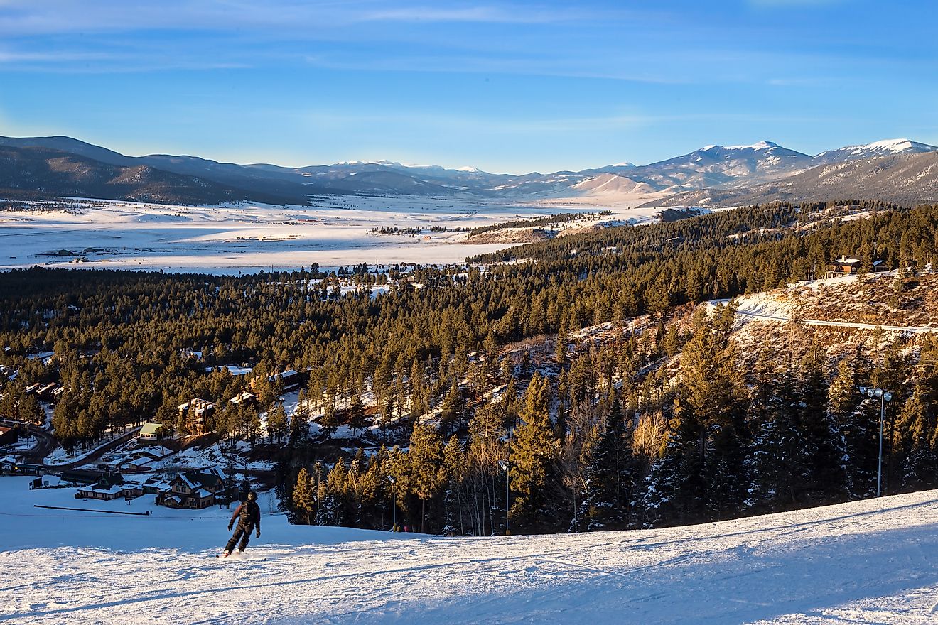 Panoramic view at ski slopes piste in the mountains of Angel Fire, New Mexico.