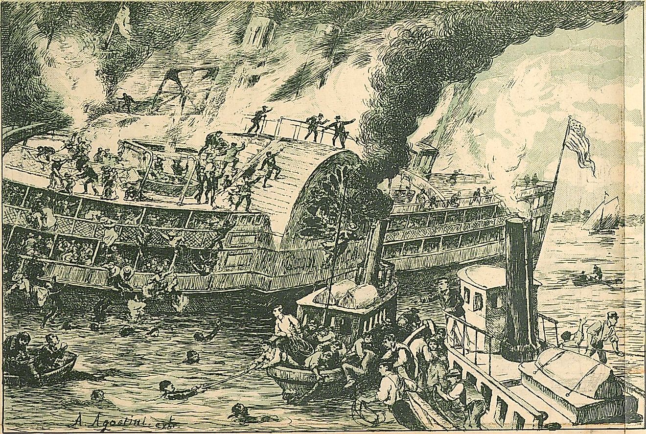 The great catastrophe of the passenger steamboat General Slocum (Angelo Agostini, O Malho, 1904).