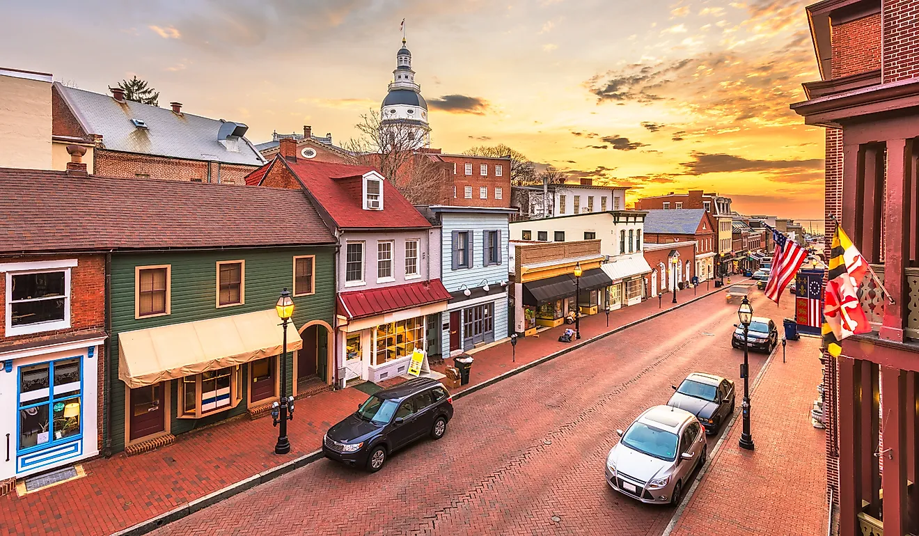 Downtown view of Main Street with the State House in Annapolis, Maryland.