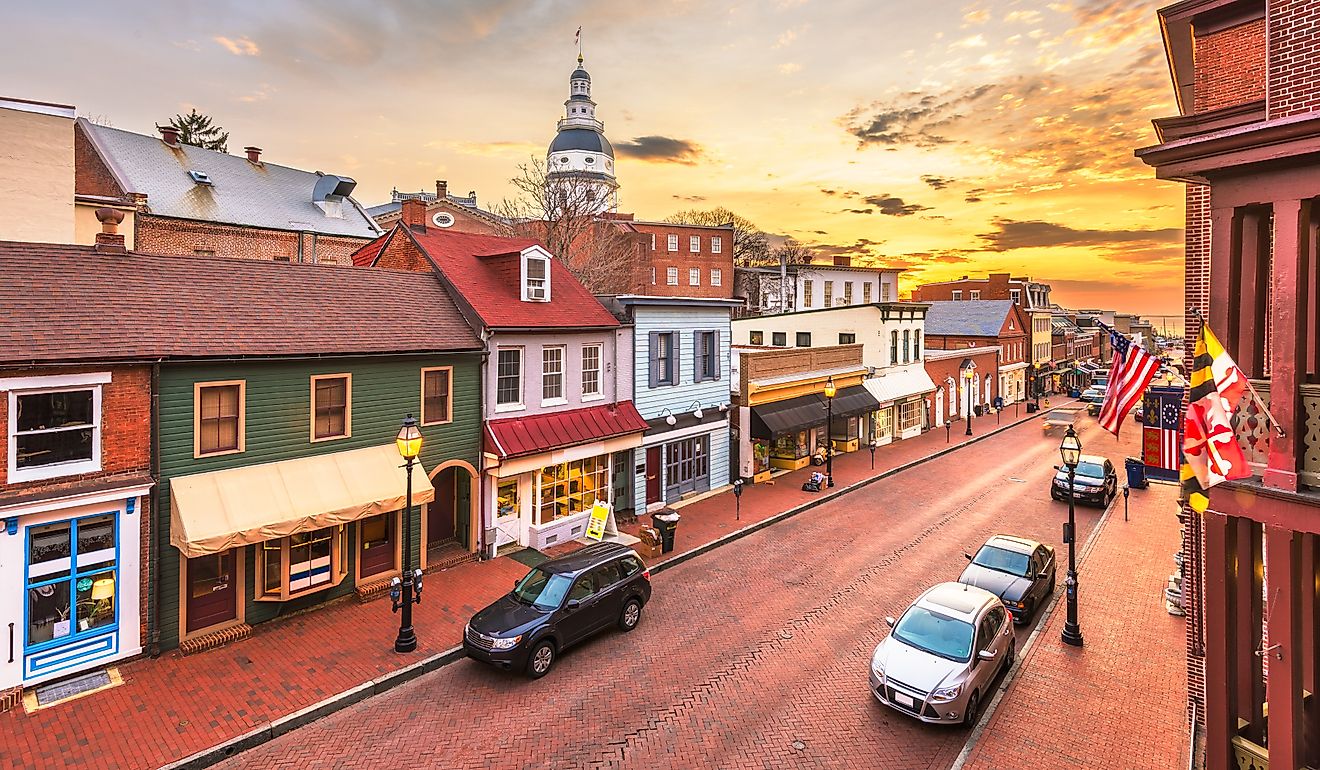 Downtown view of Main Street with the State House in Annapolis, Maryland.