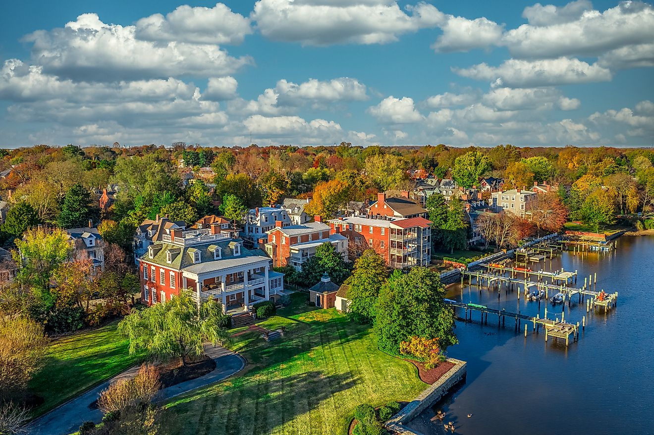 Aerial view of Chestertown, Maryland, in fall.