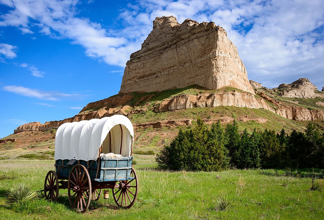 Scotts Bluff National Monument in Nebraska with a wagon.