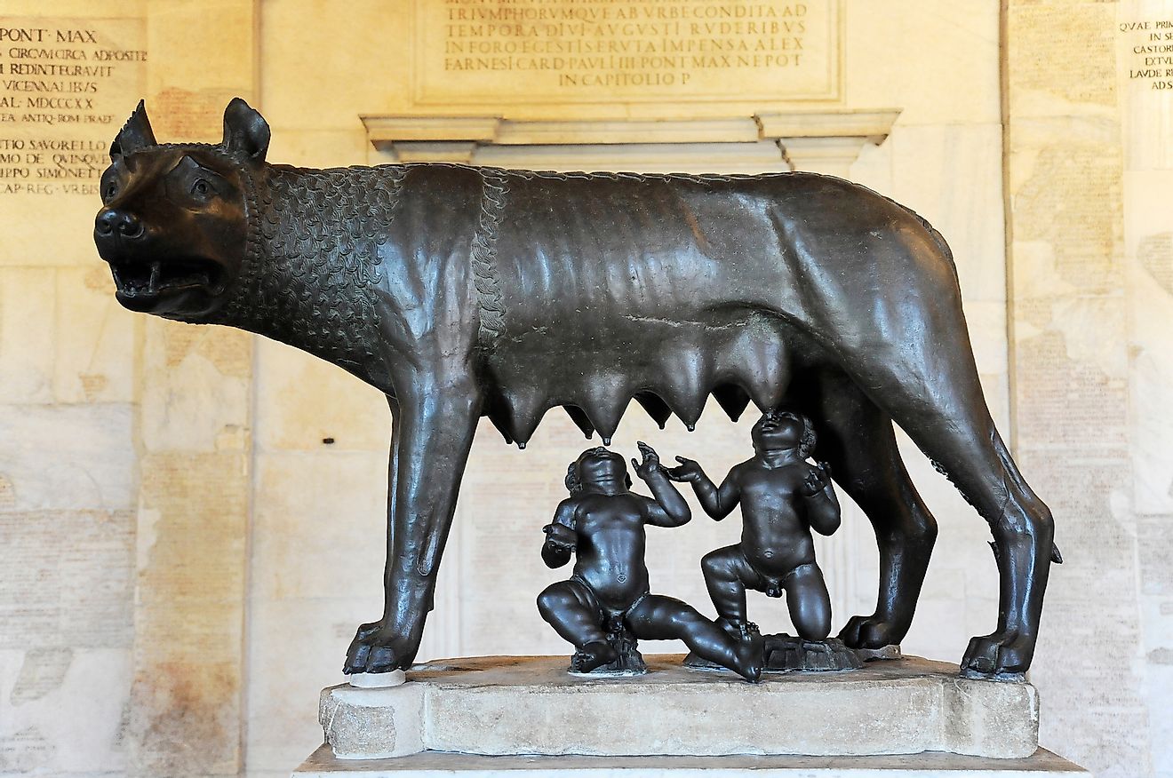 Sculpture of the mythical she-wolf suckling the infant twins Romulus and Remus. Rome, Italy. Image credit: Davide Zanin/Shutterstock.com