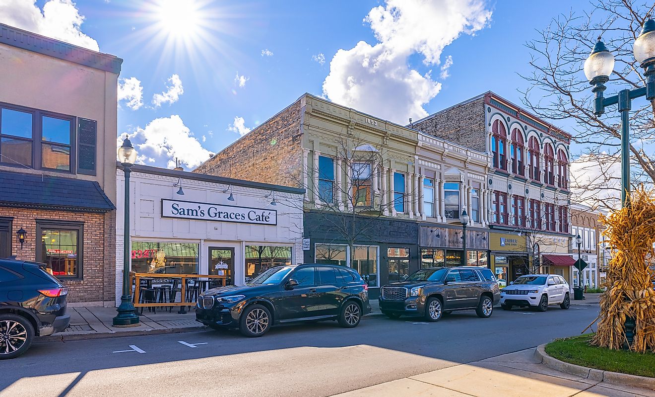 Petoskey, Michigan, USA - October 23, 2021: The historic business district on Mitchell Street