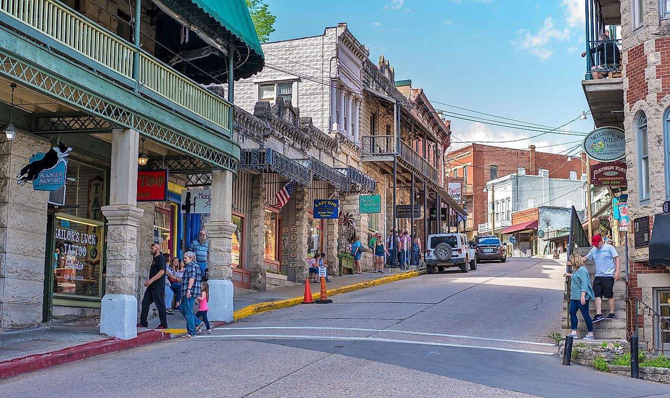 Beautiful street view downtown Eureka Springs, shop commerce destination area