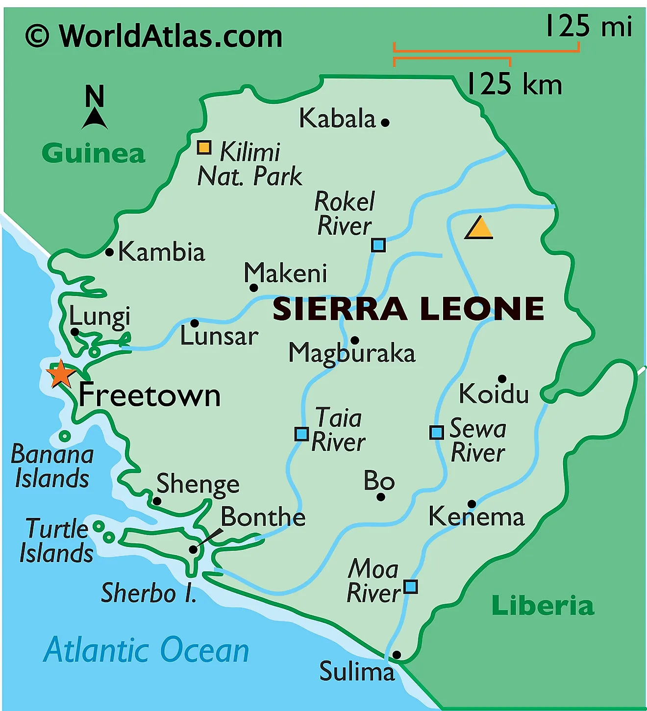 Mapa físico de Sierra Leona con límites estatales. Muestra las características físicas de Sierra Leona, incluido el relieve, los ríos, las islas, el punto más alto y las principales ciudades.