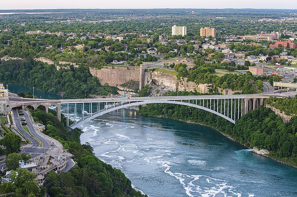 Rainbow Bridge separates Niagara Falls, Ontario from Niagara Falls, New York.