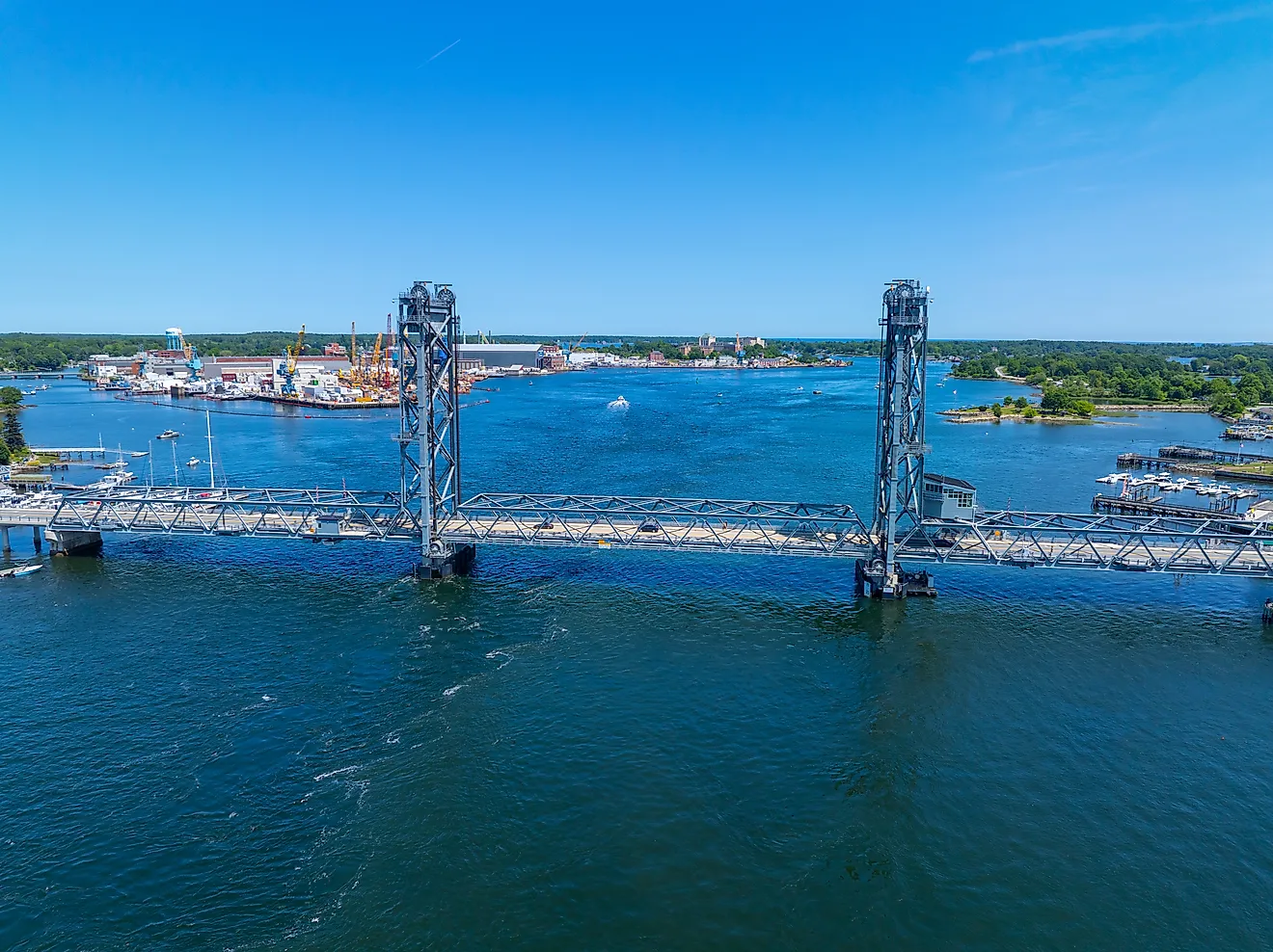 World War I Memorial Bridge aeria view. The bridge carries US Route 1 across the Piscataqua River between Portsmouth, New Hampshire and Kittery, Maine,