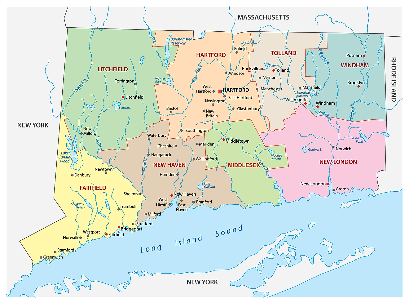 Administrative Map of Connecticut showing its 8 counties and the capital city - Hartford