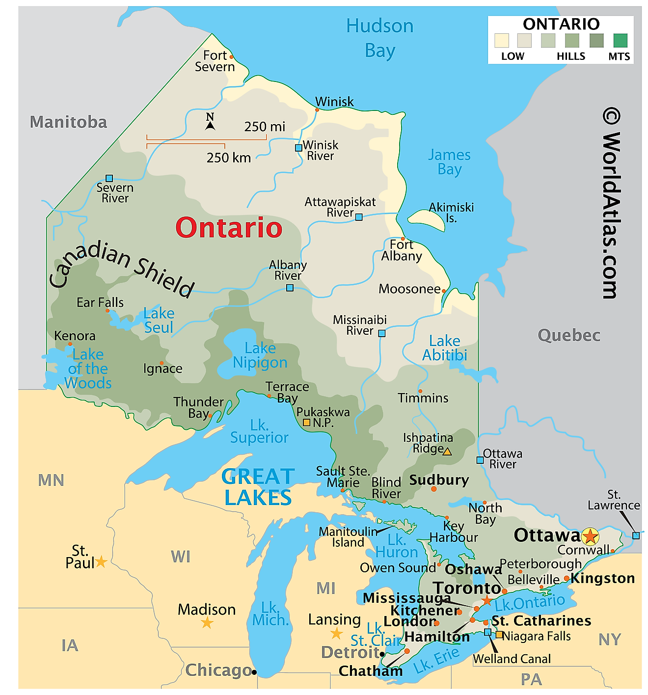 Physical Map of Ontario. It shows the physical features of Ontario, including mountain ranges, important rivers, and major lakes. 