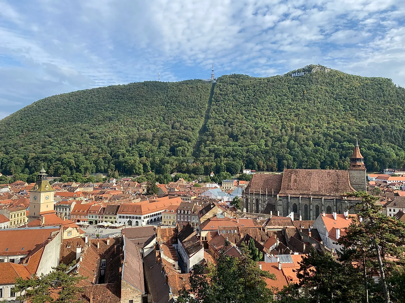 The Black Church, opposing mountain, and rest of Brasov’s red-roofed Old Town as seen from atop the historic White Tower. Photo credit: Andrew Douglas