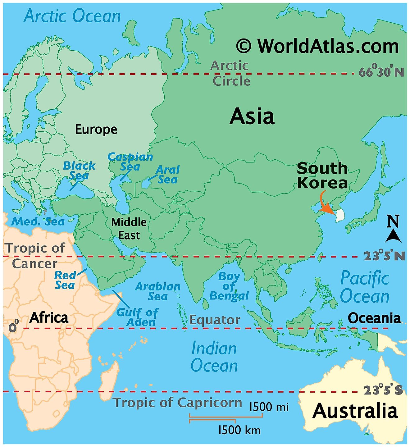 Map showing location of South Korea in the world.