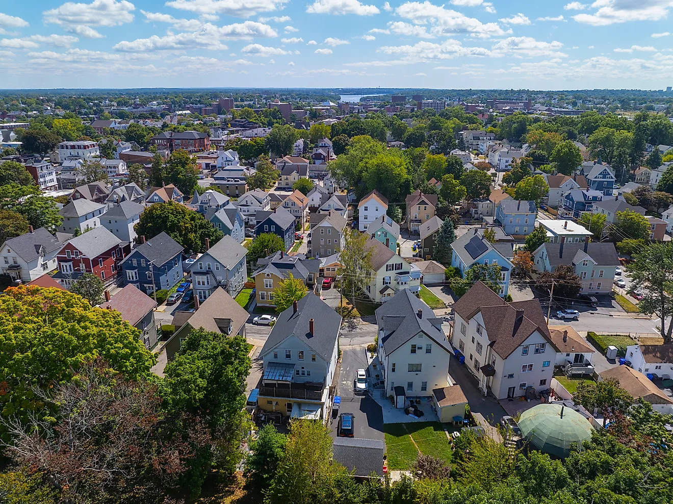 Historic residential district aerial view at the historic city center of Central Falls, Rhode Island.