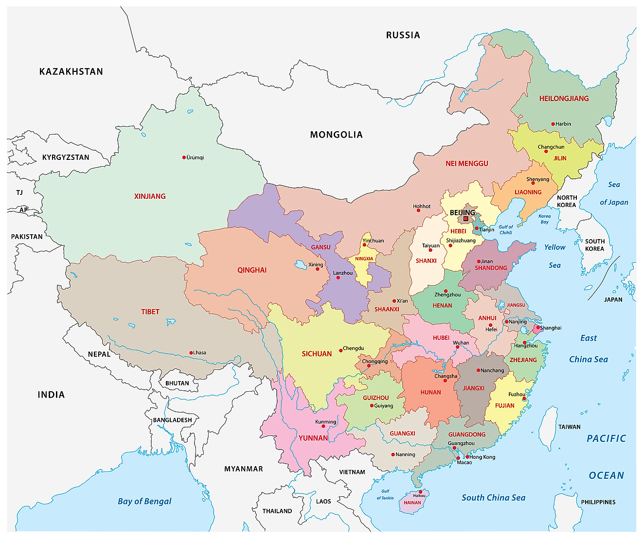 Mapa político de China que muestra las 22 provincias, 5 regiones autónomas y 4 municipios, sus capitales y la capital nacional de Beijing.