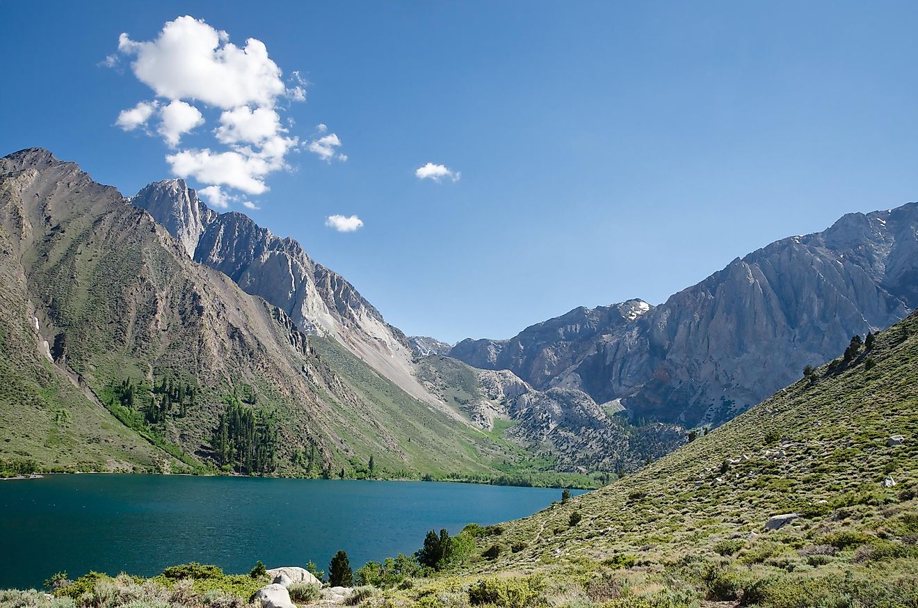 View of the Sierra Nevada Mountains from Convict Lake near Mammoth Lakes, California.