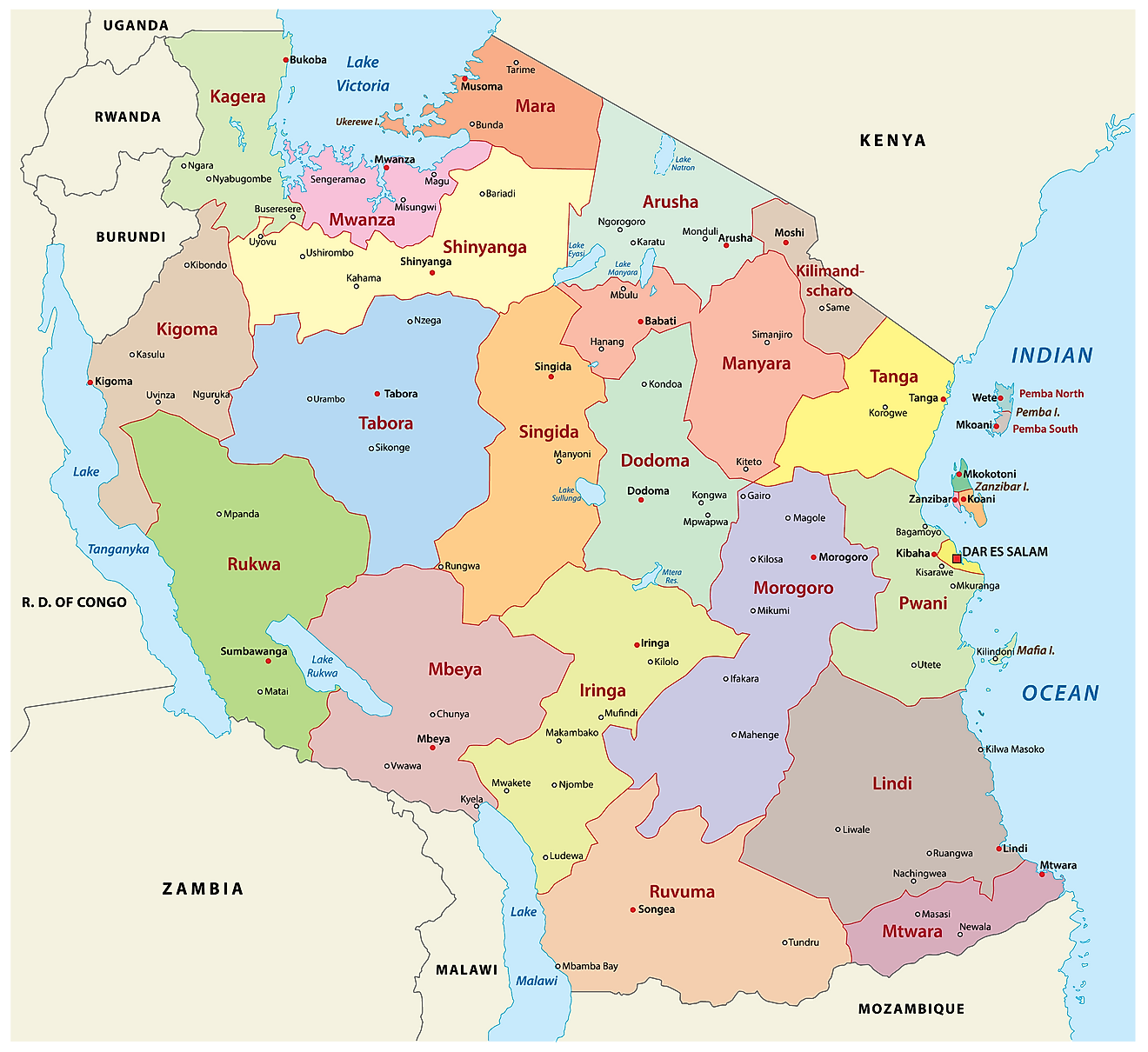 Mapa político de Tanzania que muestra sus 31 regiones y sus ciudades capitales, y la capital nacional de Dodoma.