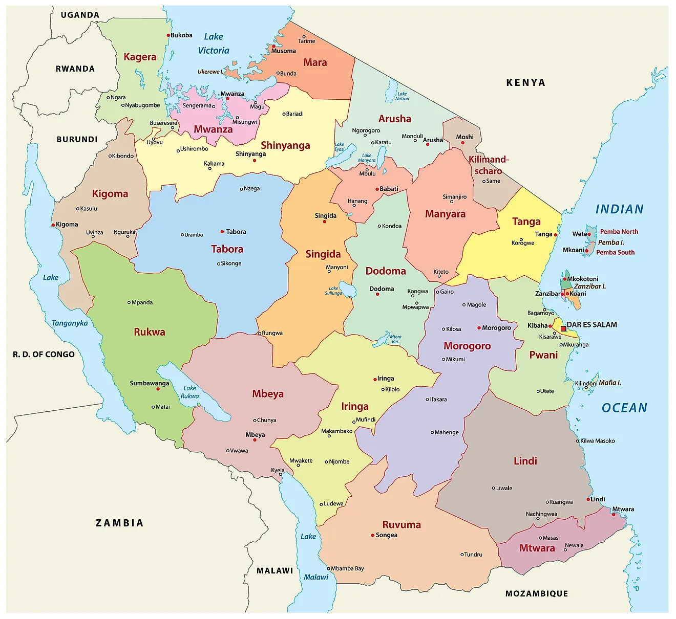 Political Map of Tanzania displaying its 31 regions and their capital cities, and the national capital of Dodoma.