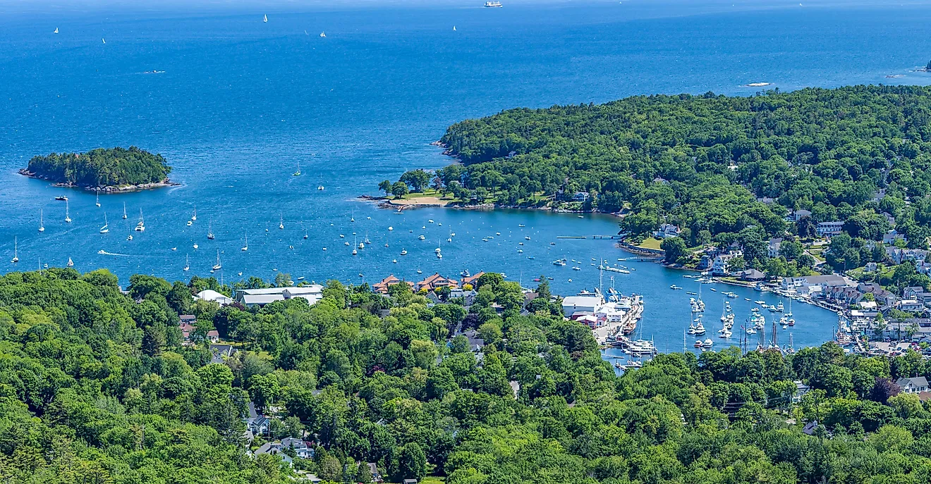 A view of the harbor in Camden, Maine from the summit of Mount Battie in Camden Hills State Park.