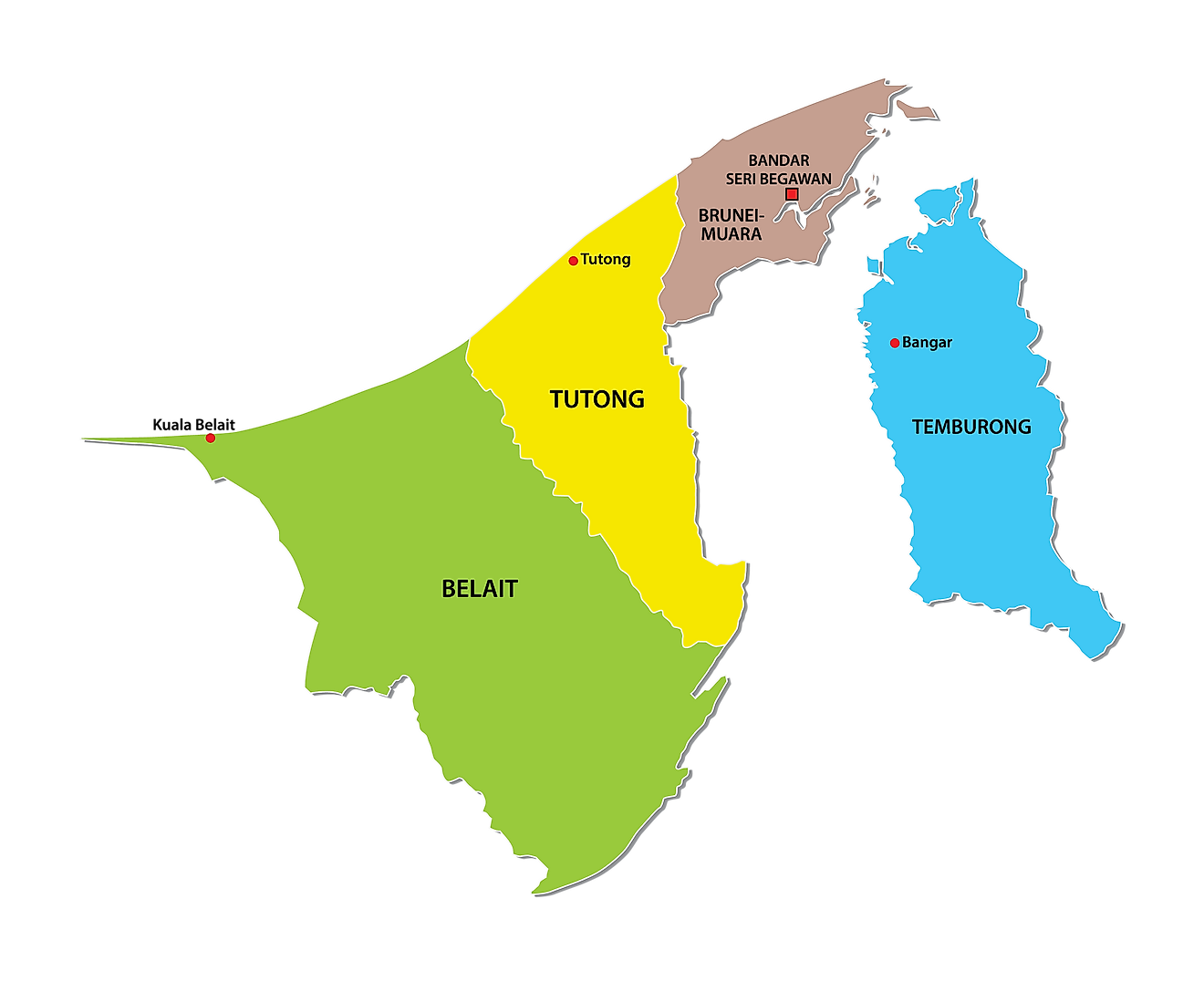 Mapa político de Brunei que muestra los 4 distritos de Brunei, importantes centros urbanos y la capital nacional de Bander Seri Begawan.