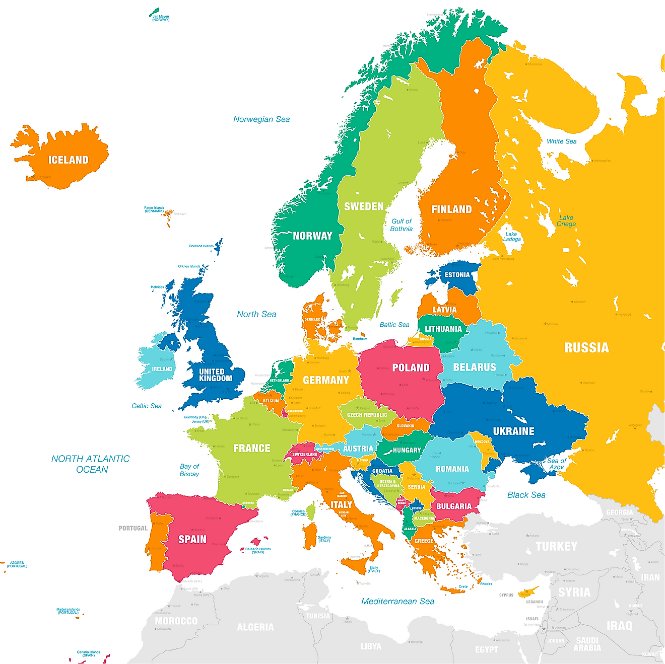 Map of the countries of Europe.