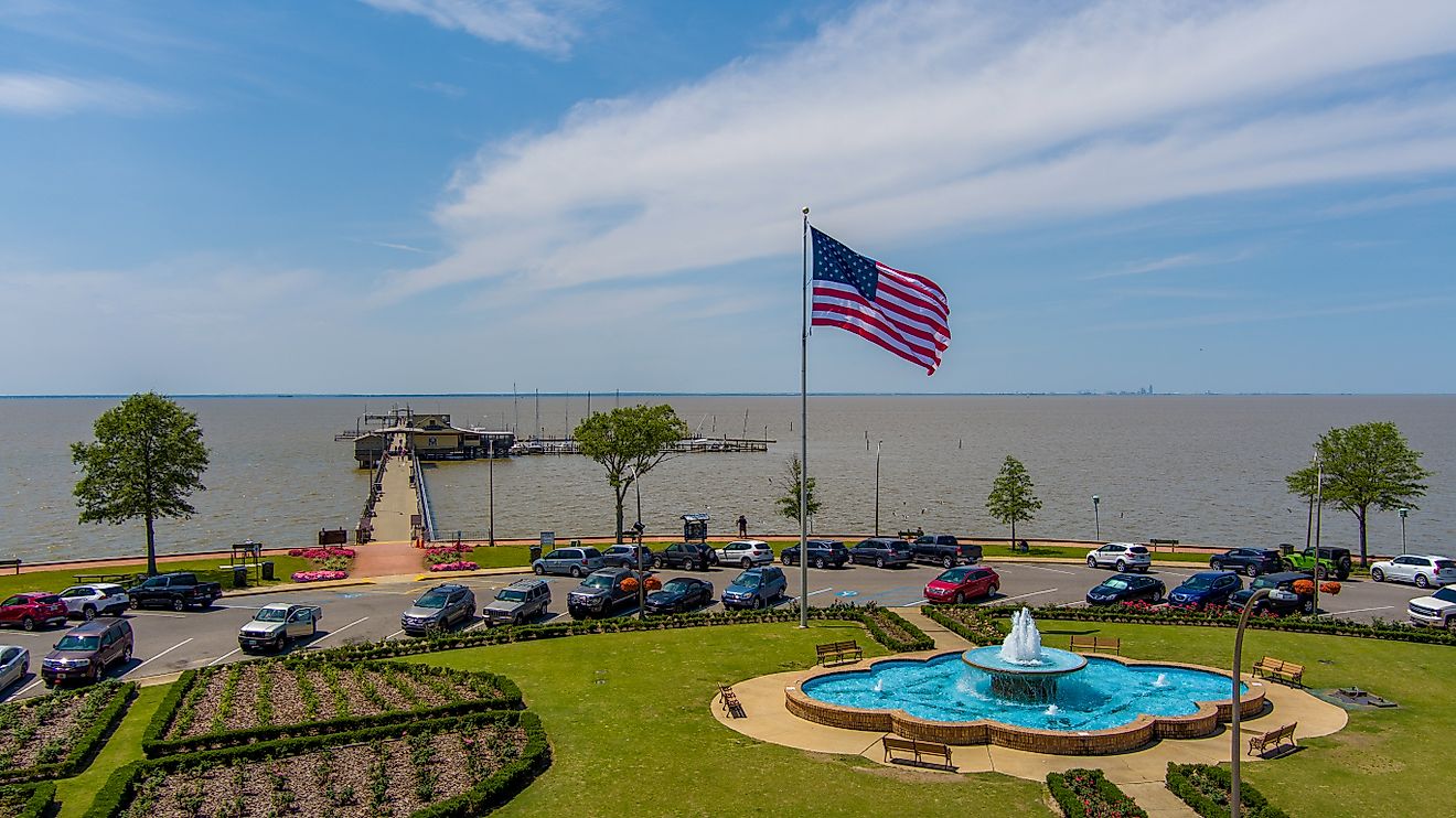 Aerial view of the Fairhope Municipal Pier on Mobile Bay.