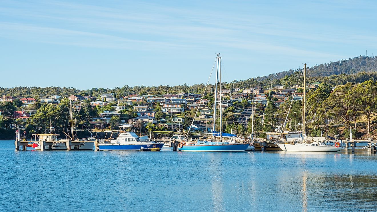 A variety of boats moored in St Helens on the East Coast of Tasmania in Australia.