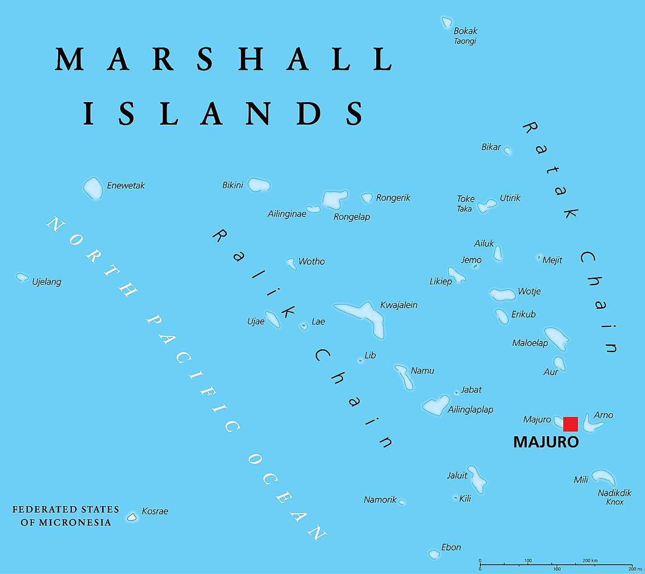 Political Map of Marshall Islands showing the capital Majuro.
