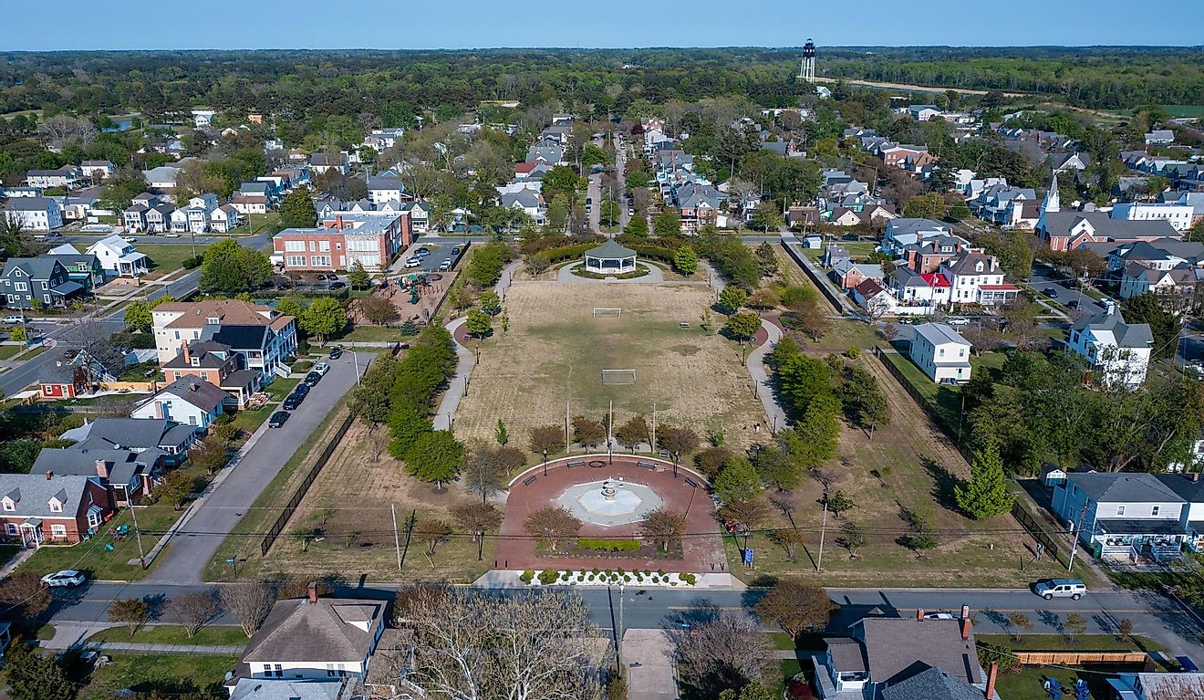 Aerial view of the Central Park in Historic Cape Charles Virginia.