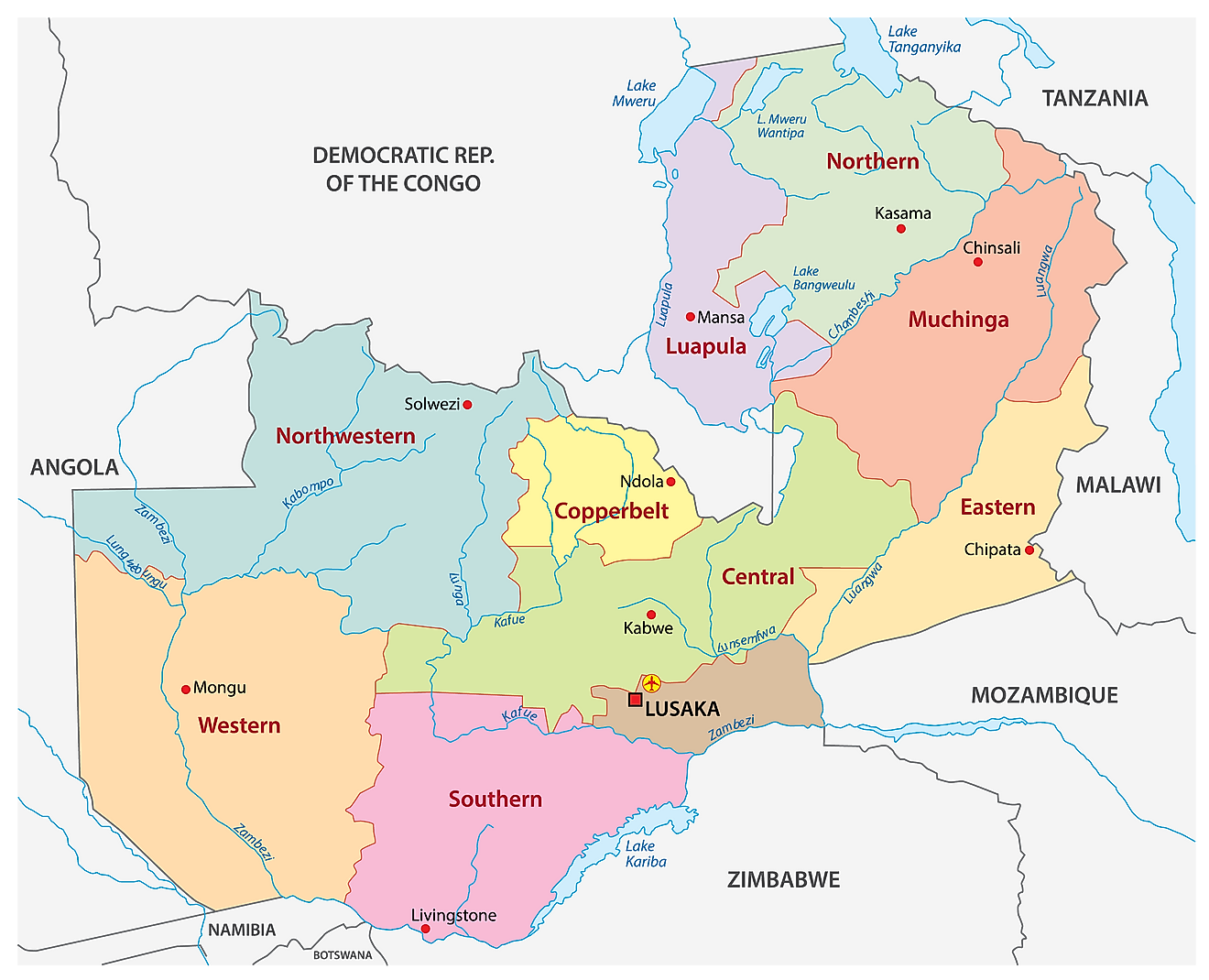Mapa político de Zambia que muestra las 10 provincias del país, sus capitales y la capital nacional de Lusaka.