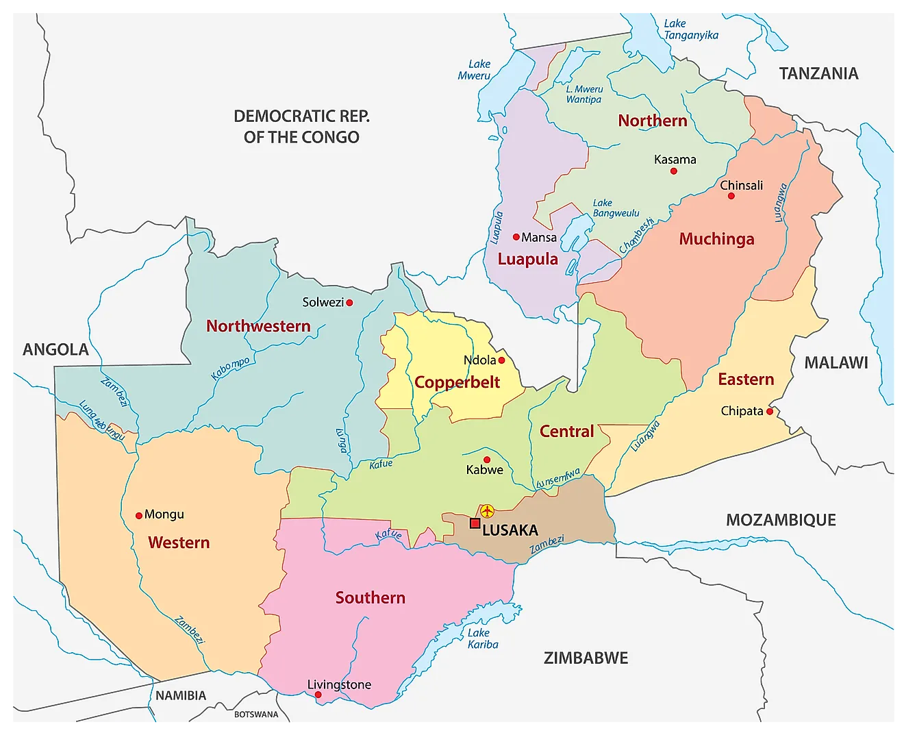 Political Map of Zambia displaying the 10 provinces of the country, their capital cities, and the national capital of Lusaka.