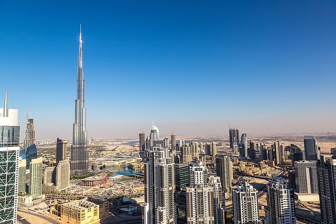 The Burj Khalifa towers over the skyline of Dubai. 