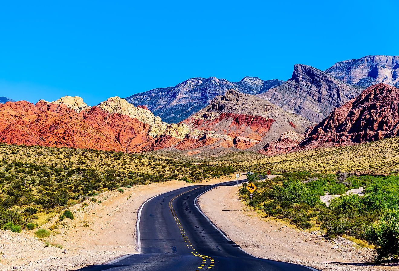 View of the Red Sandstone Mountains from the winding Calico Canyon Road near Red Rock Canyon National Conservation Area near Las Vegas, Nevada.