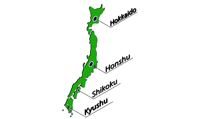 A simple map showing the placement of the four largest islands of Japan. 