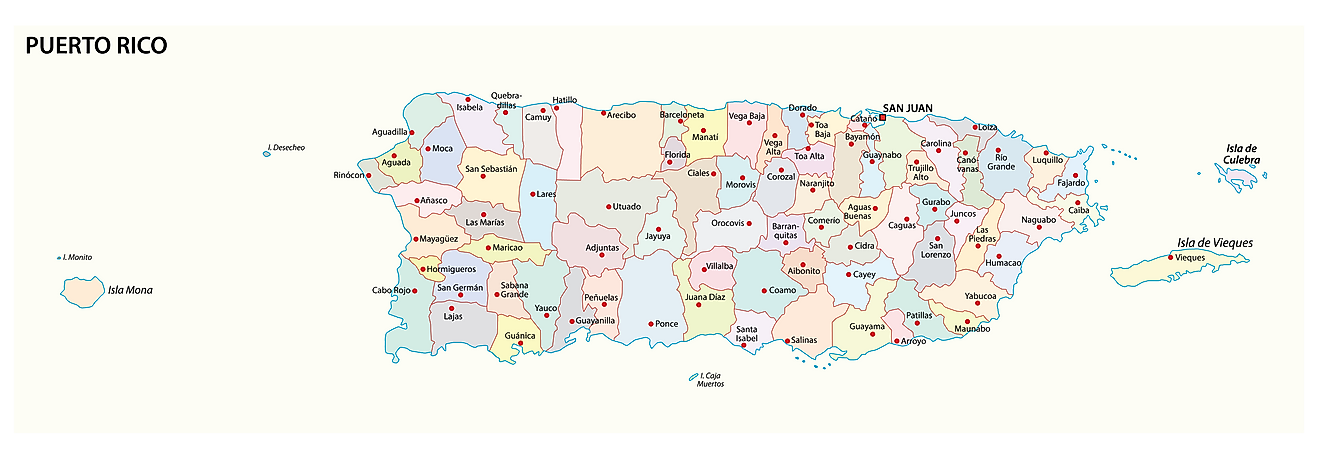 Mapa Político de Puerto Rico mostrando sus 78 municipios y la ciudad capital de San Juan.