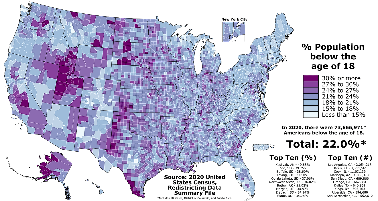 Proportion of Americans under the age of 18 in each county of the fifty states, the District of Columbia, and Puerto Rico as of the 2020 United States census. By Abbasi786786 - Own work, CC BY-SA 4.0, https://commons.wikimedia.org/w/index.php?curid=113128