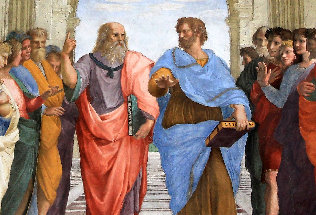 Detail of Plato on the left and Aristotle on the right, School of Athens.