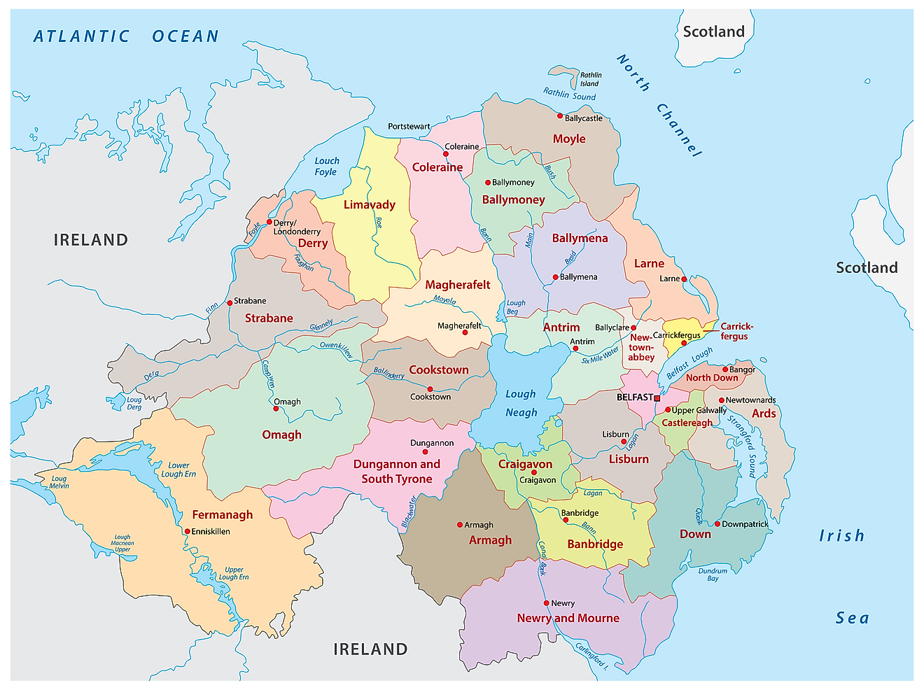 Mapa administrativo de Irlanda del Norte que muestra sus diversos distritos y su ciudad capital - Belfast