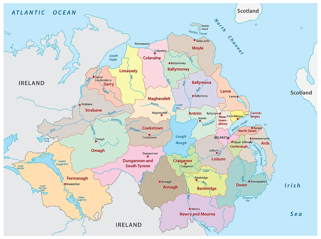 Administrative Map of Northern Ireland showing its various districts and its capital city - Belfast