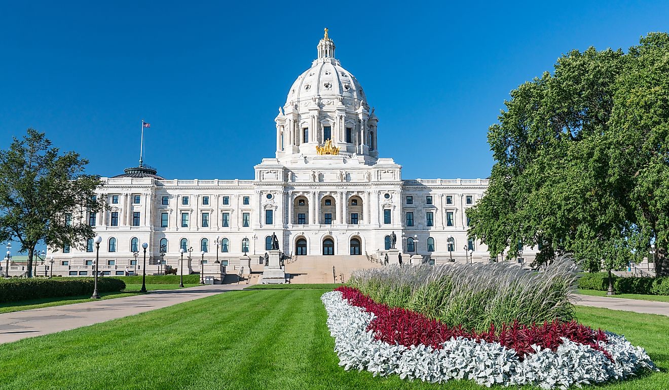 Facade of the Minnesota State Capitol Building in St Paul.