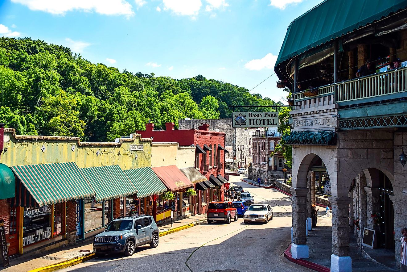 View down main street in downtown Eureka Springs, Arkansas.