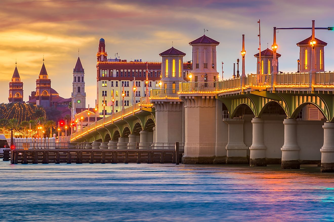 The illuminated Bridge of Lions in St. Augustine, Florida.